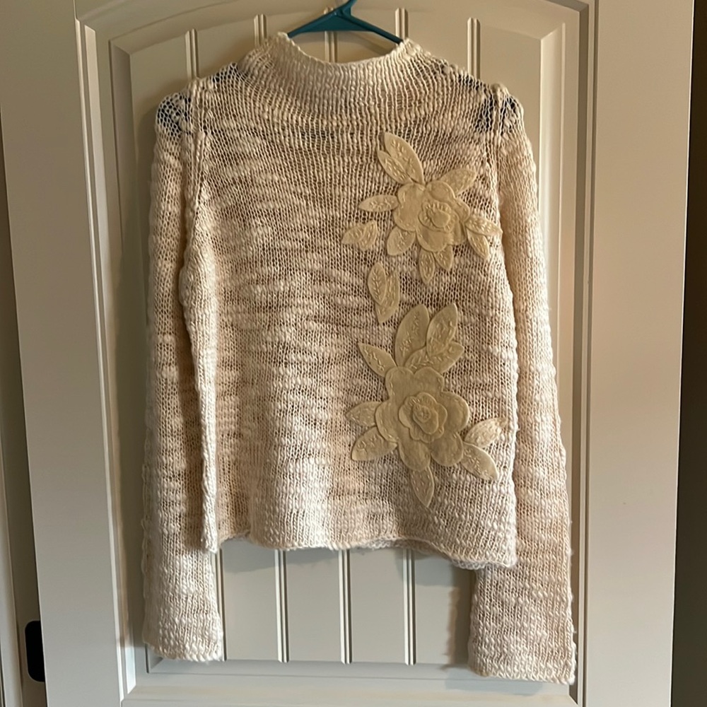 Danish InWear Cream Funnel Neck Sweater With Wool Appliqué Size Small S